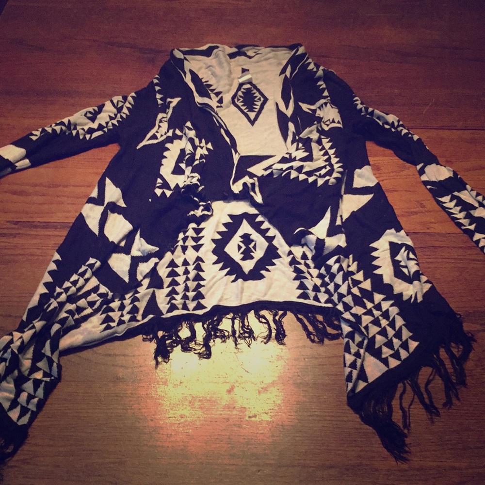 S Black and Ivory Aztec Asymmetrical Cardigan